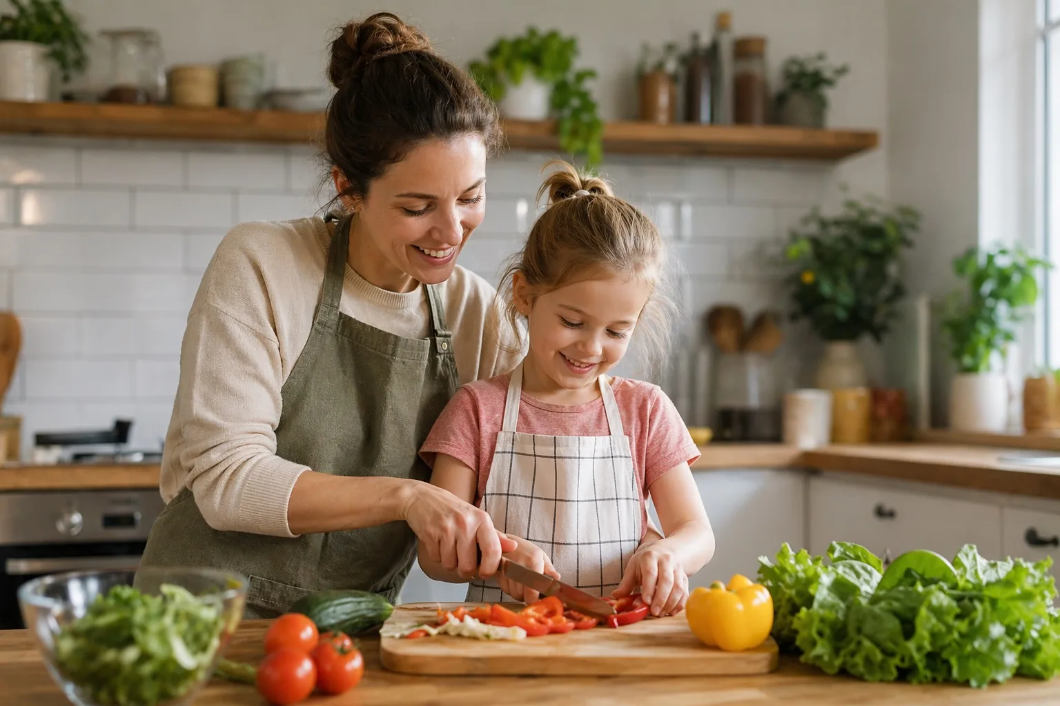 Ouder en kind bereiden samen gezonde voeding in de keuken