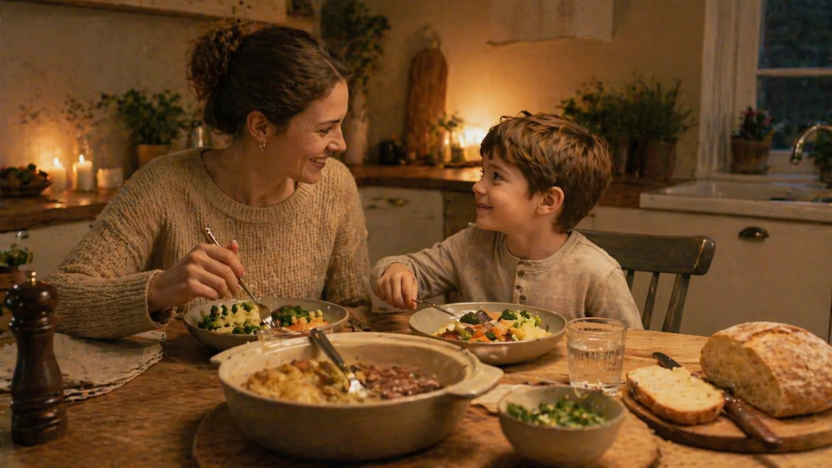 Moeder en kind eten samen aan tafel in een warme, gezellige keuken