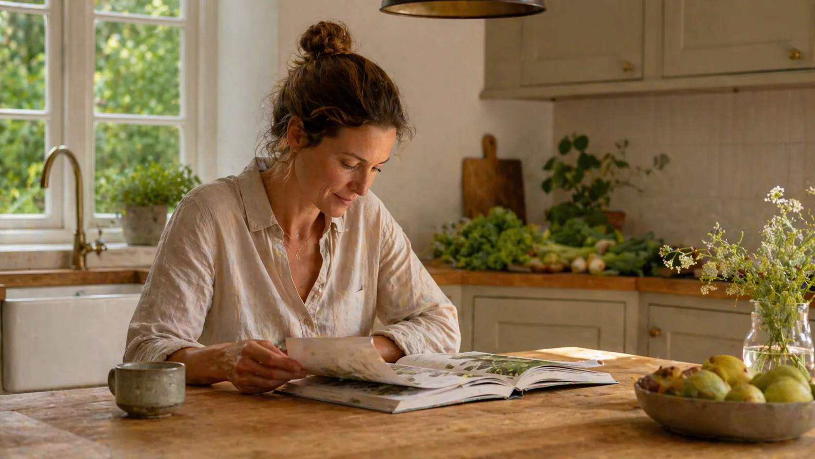 Ouder leest rustig informatie aan de keukentafel met verse groente op het aanrecht