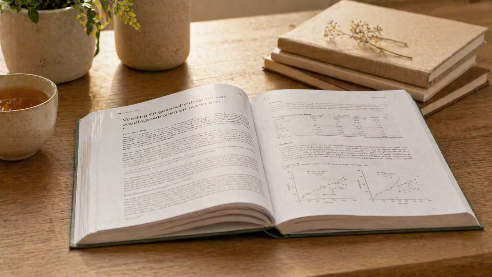 Opengeslagen onderzoeksboek op een houten tafel met een kop thee en planten