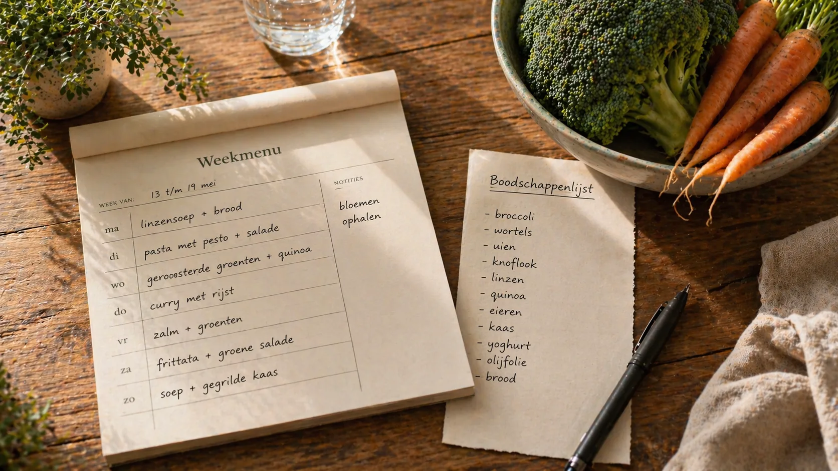 Weekmenu en boodschappenlijst op houten tafel met verse groente