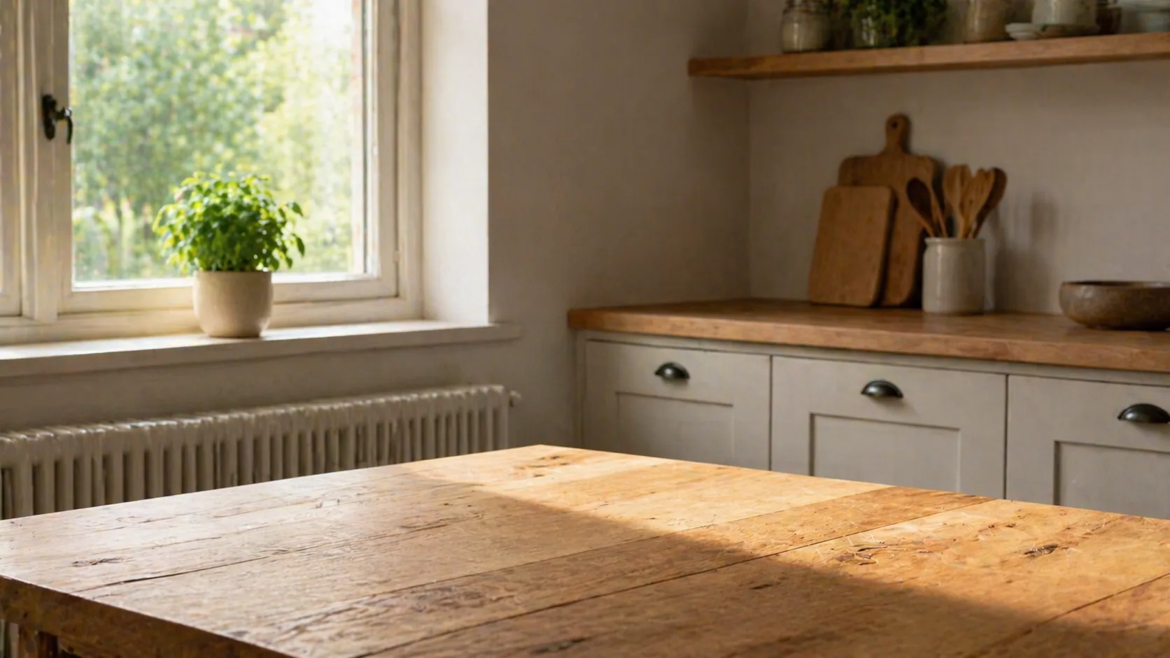 Rustige keuken met houten tafel en plant bij het raam