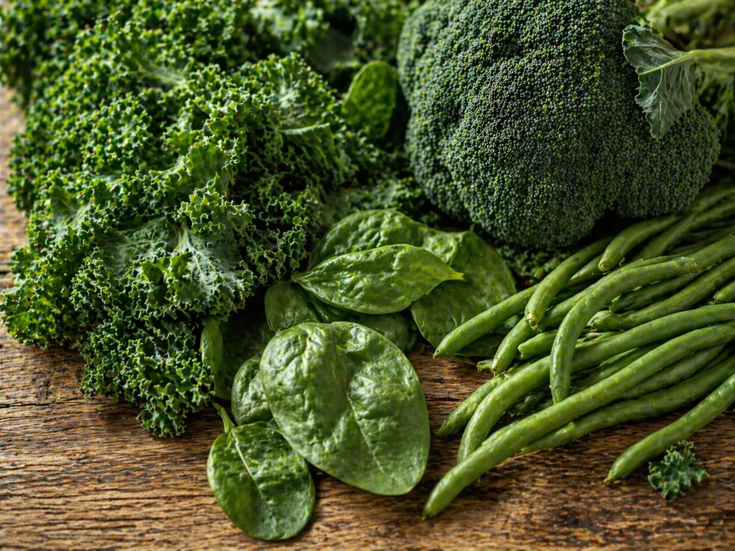 Boerenkool, spinazie, sperziebonen en broccoli op een houten tafel