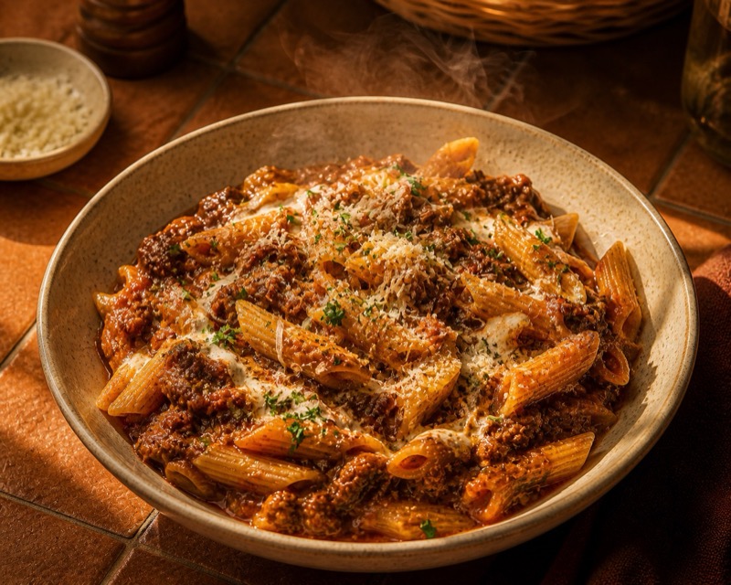 Penne met rijke rundvlees-ragù en parmezaan op terracotta tegels