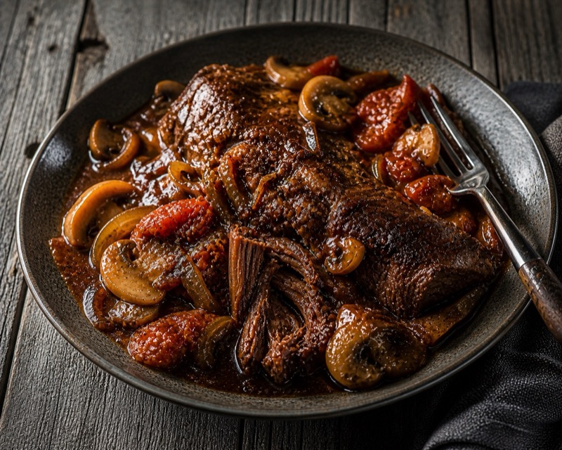 Gestoofd riblap met champignons en tomaten in donkere jus op verweerd hout