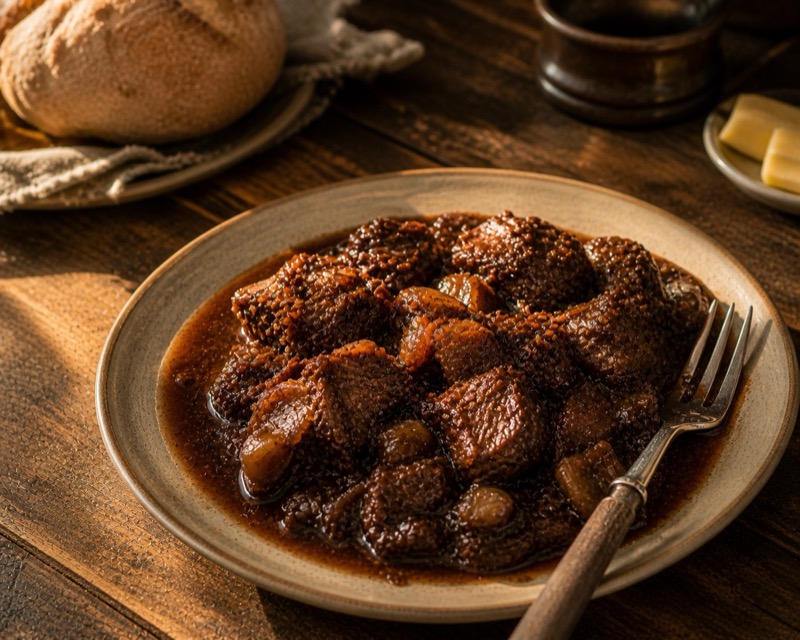 Zuur vlees met balsamico en uien op een houten tafel met brood