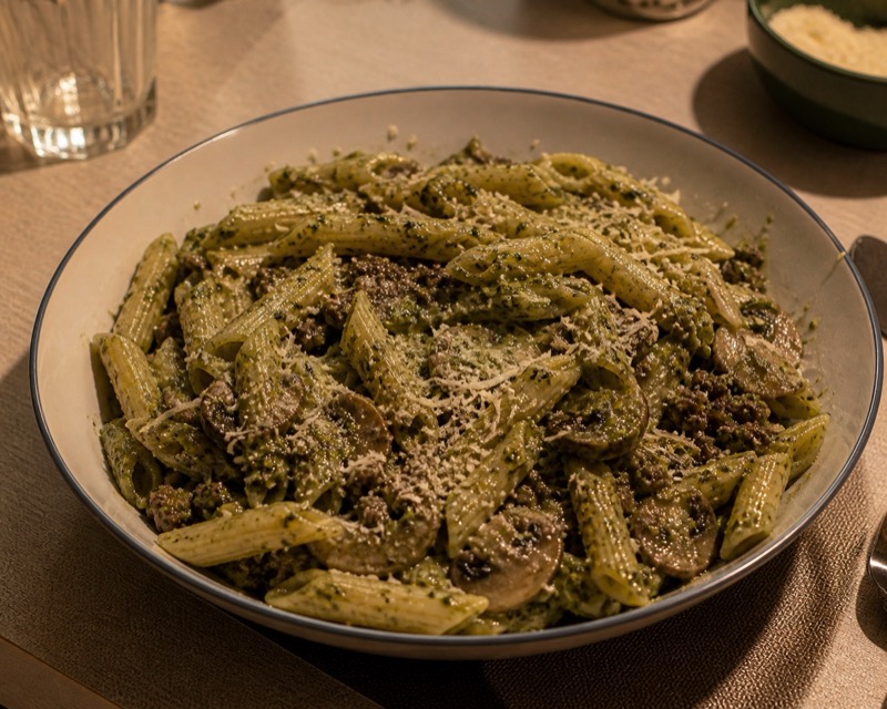 Penne in donkergroene spinaziesaus met gehakt en parmezaan, gewone doordeweekse pasta