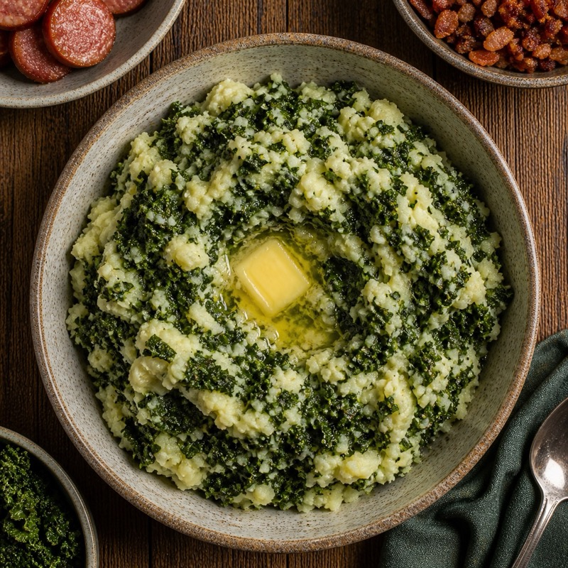 Stamppot boerenkool met smeltend boterklontje in een kom