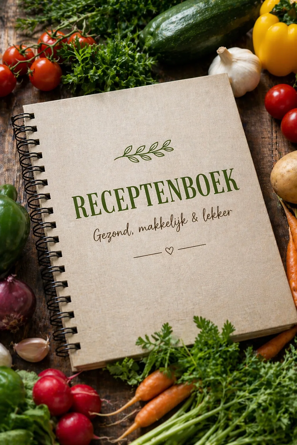 Omslagbeeld van het receptenboek met verse groente uit de tuin