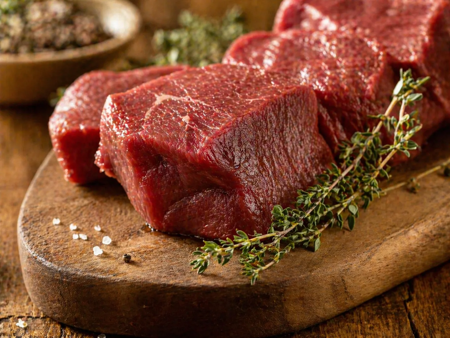 Rauwe rundvleeslapjes op een houten snijplank met tijm en zeezout